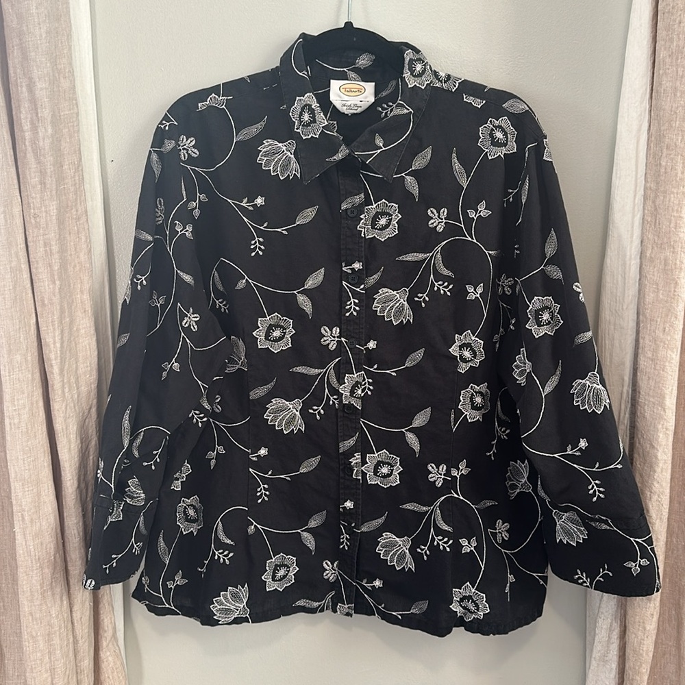 Talbots Linen-Blend Floral Embroidered Button-Down Shirt, Size L/XL